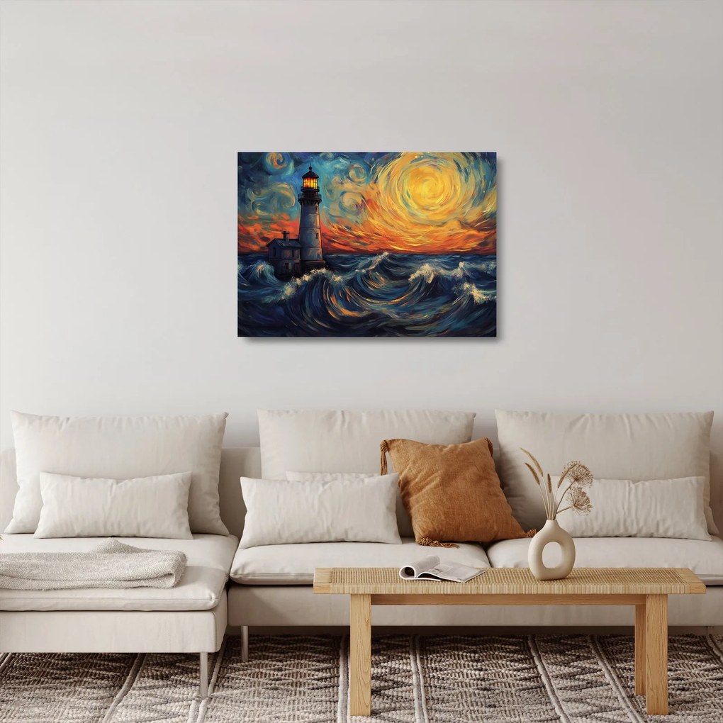 Üveg kép - Világítótorony a hullámokban (70x50 cm)