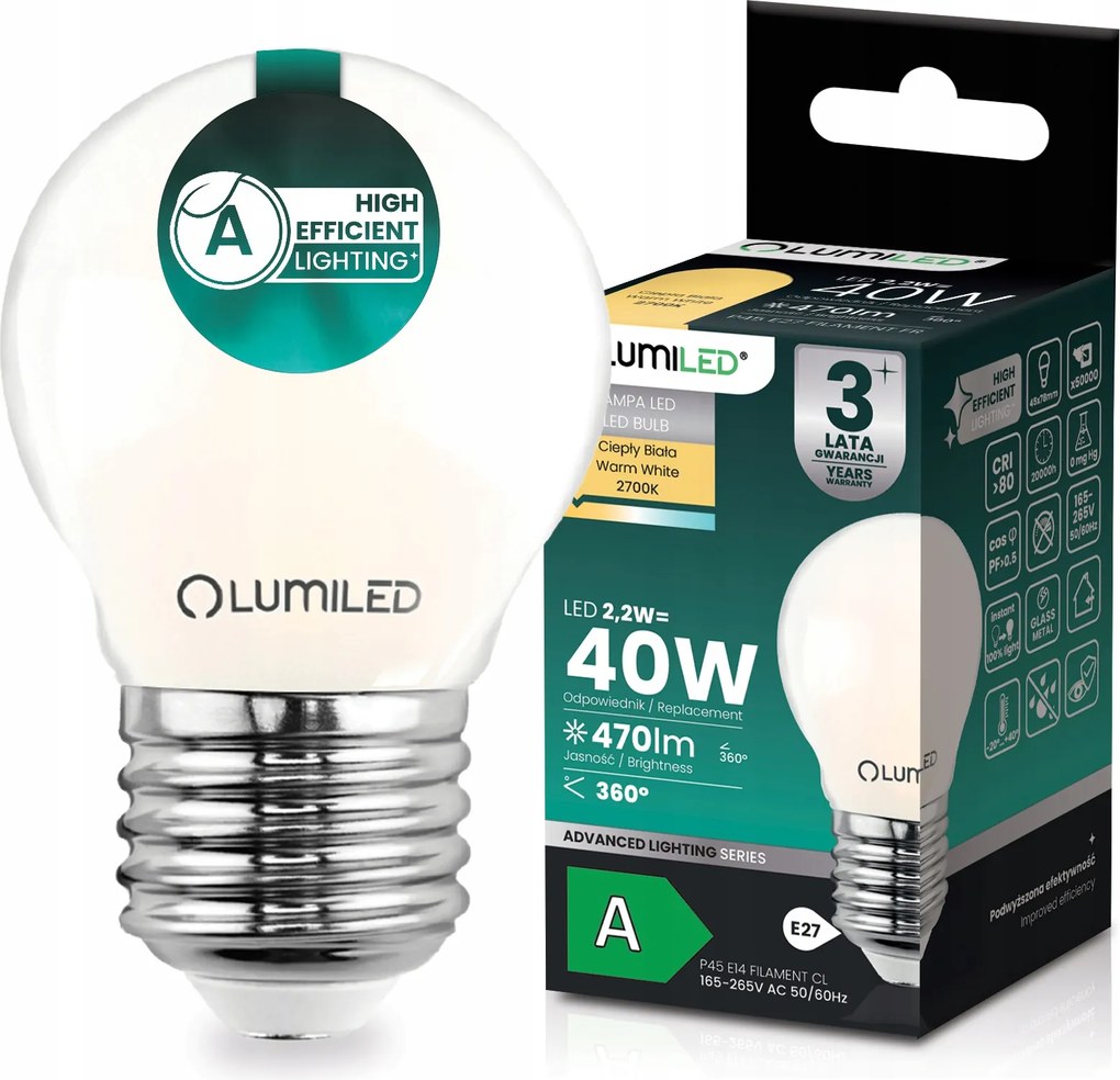 Led Izzó E27 Filament Class A 2,2W 470LM 40W 2700K 360° Golyó