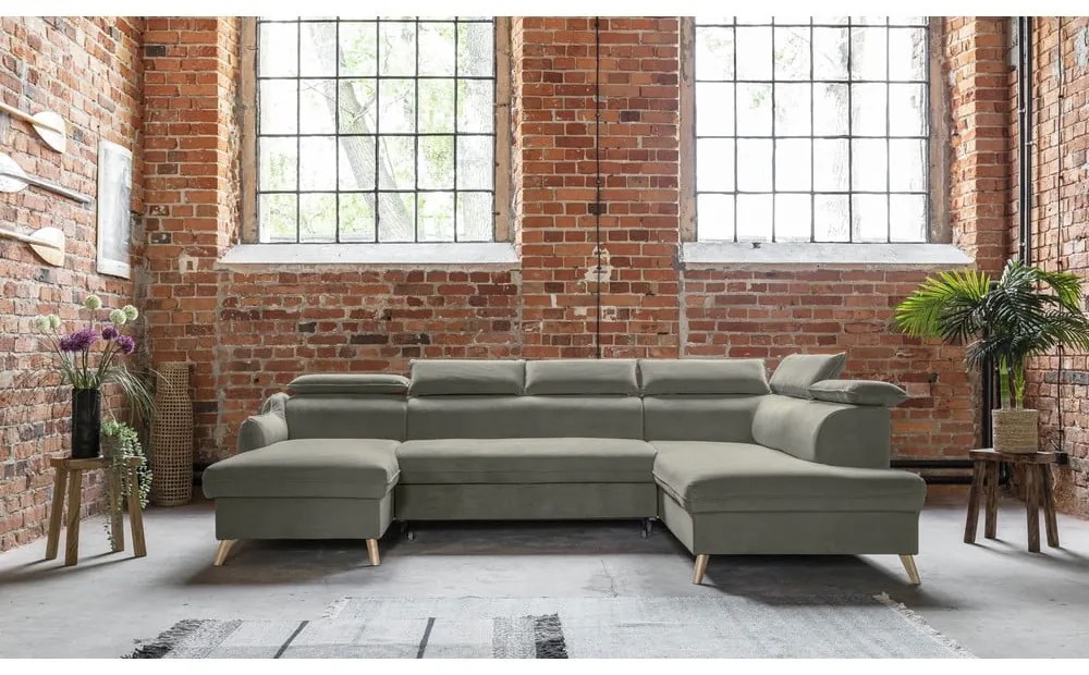 Világosszürke bársony kinyitható sarokkanapé (jobb oldali-"U" alakú) Sweet Harmony – Miuform