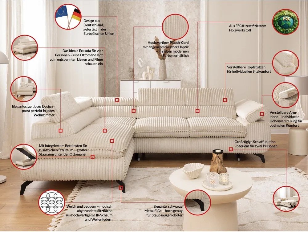 Bézs kordbársony sarokkanapé (bal oldali-L alakú) Marbeya – Ropez