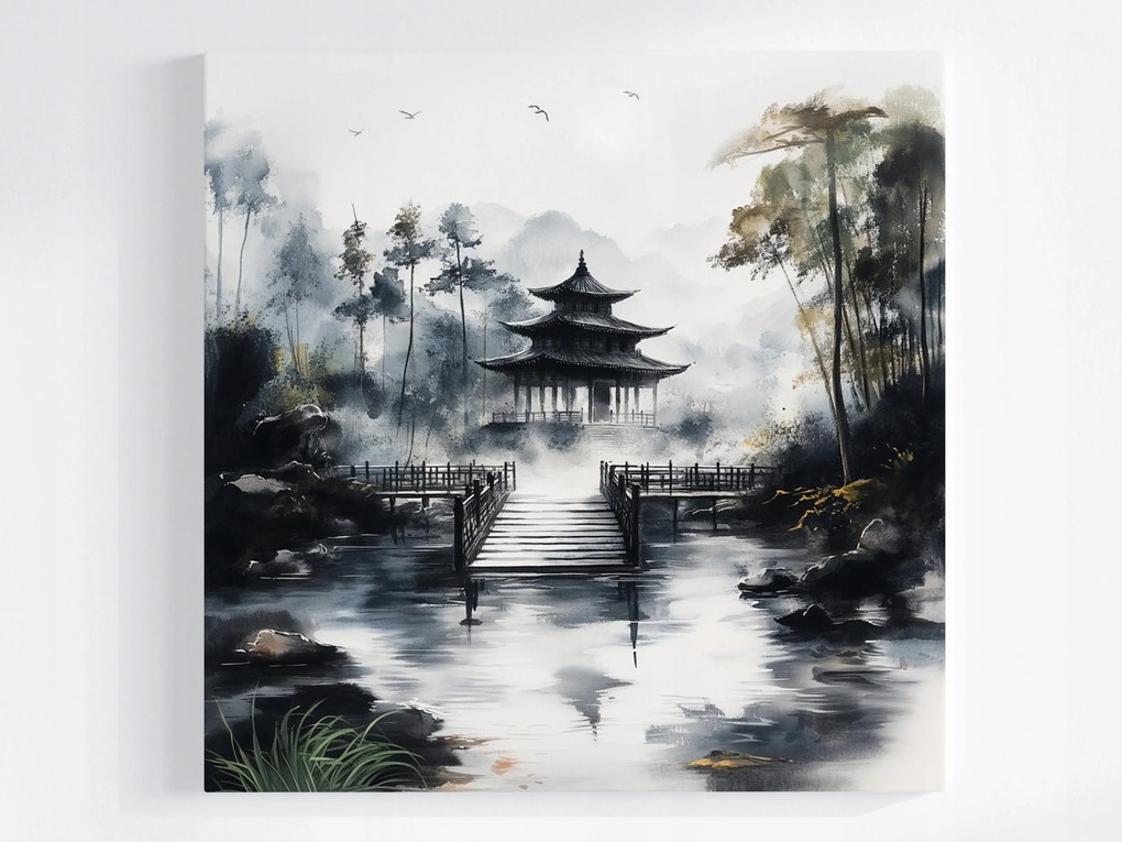 Poszter Japán Ázsia Templom Pagoda Kert Köd 40x40