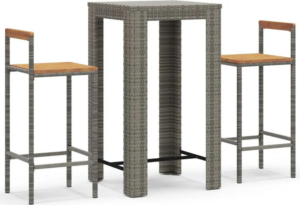 vidaXL 3 részes szürke polyrattan és tömör akácfa kerti bárszett