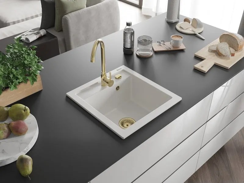 Mexen Vito 1-medencés gránit mosogató 520 x 490 mm, fehér, arany szifon - 6503521000-20-G