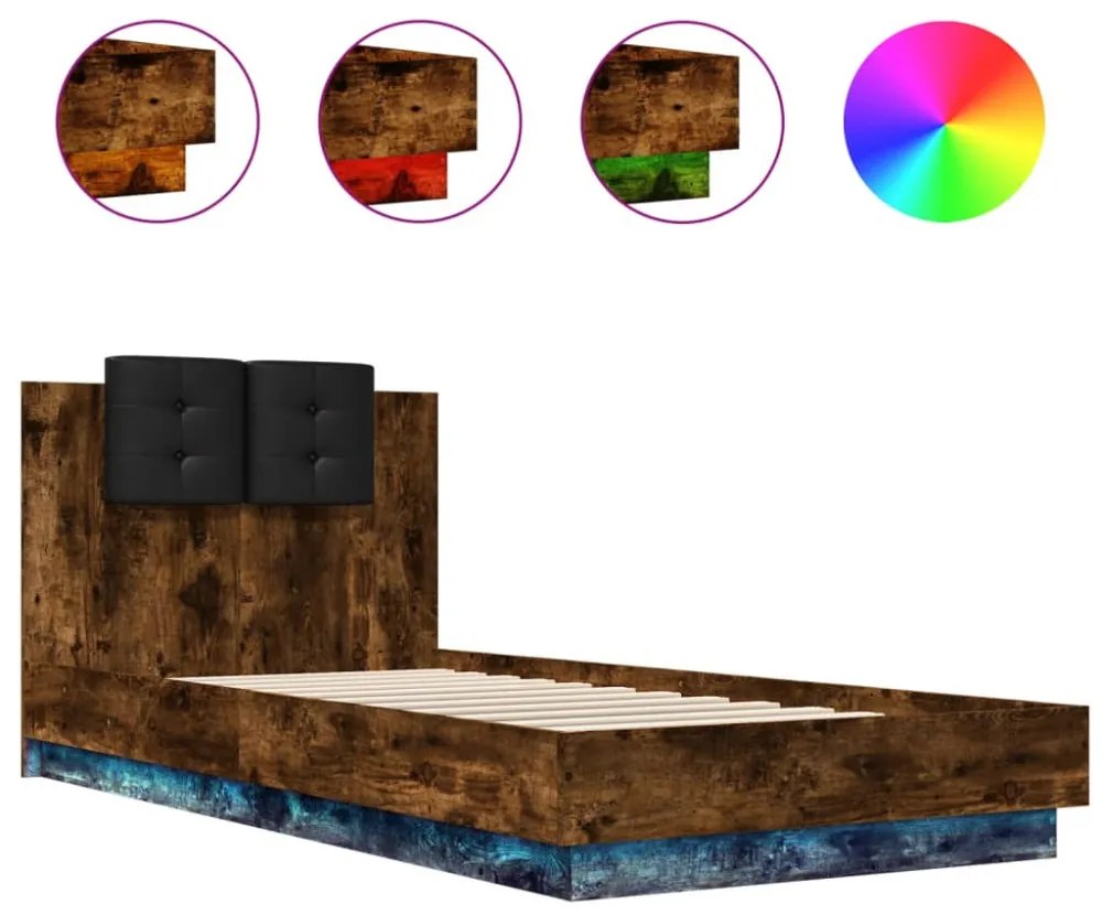 füstös tölgy színű ágykeret fejtámlával és LED-ekkel 100x200 cm