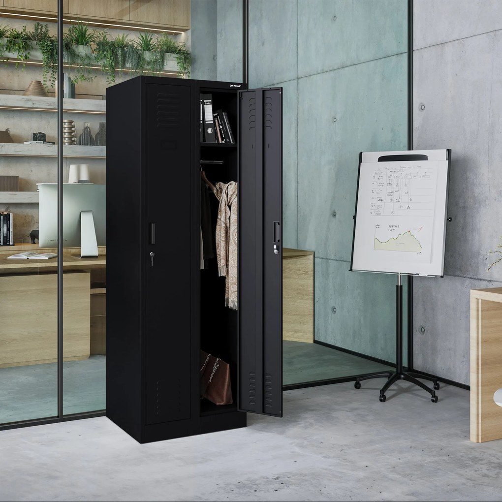 Fém kétrekeszes munkavállalói szekrény fekete: KACPER II, 600 x 1800 x 500 mm