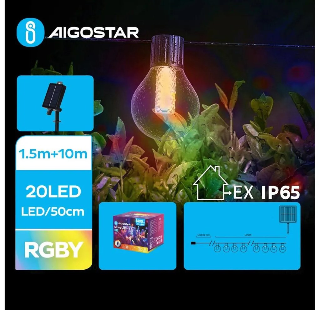 Aigostar - LED napelemes karácsonyi fényfüzér 20 LED, 8 funkció, 11,5 m, IP65, s