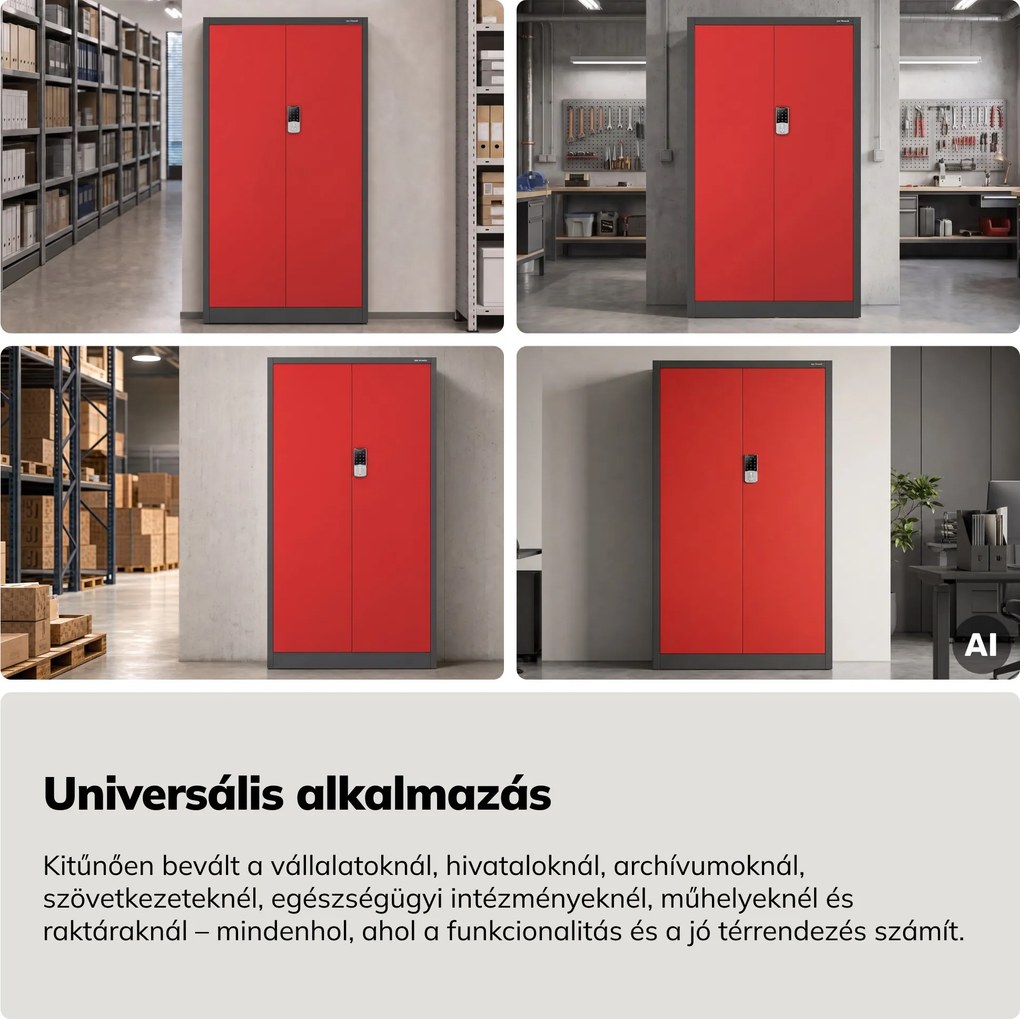 Fém irodai szekrény kódzárral, antracit-piros, 900x1850x400 mm: DANIEL