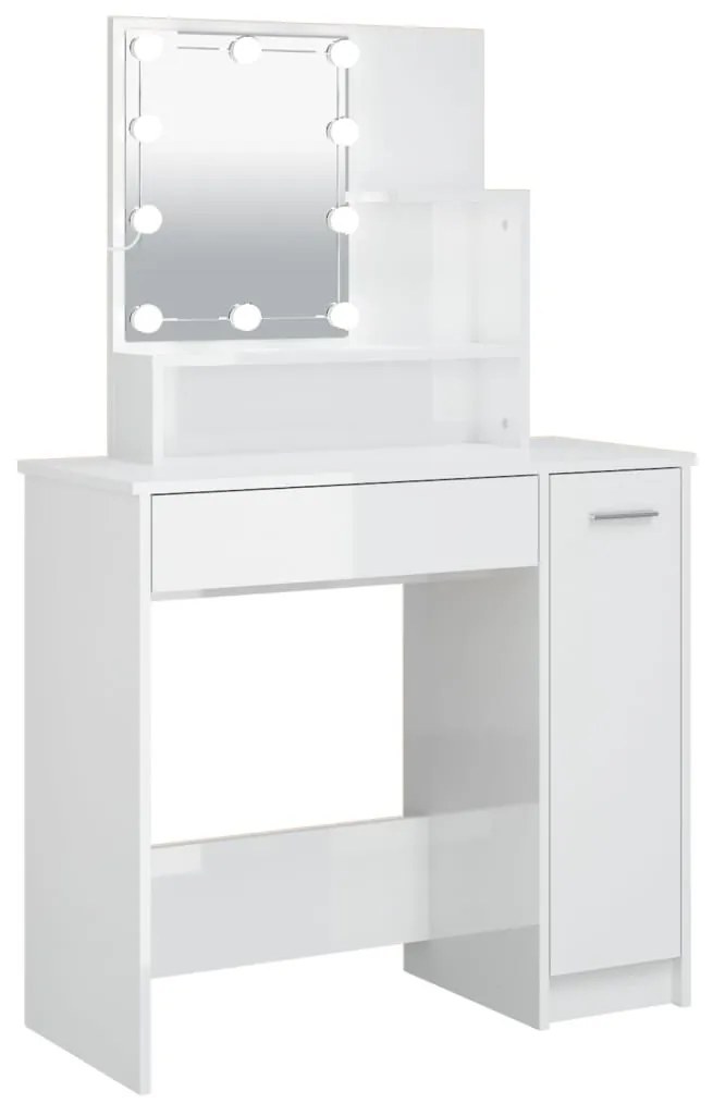 magasfényű fehér fésülködőasztal LED-del 86,5 x 35 x 136 cm