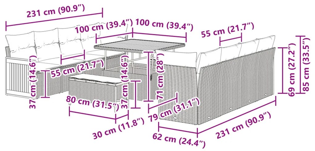 11 Darabból álló Kerti Kanapé Szett párnákkal Bézs Poli Rattan Akácia