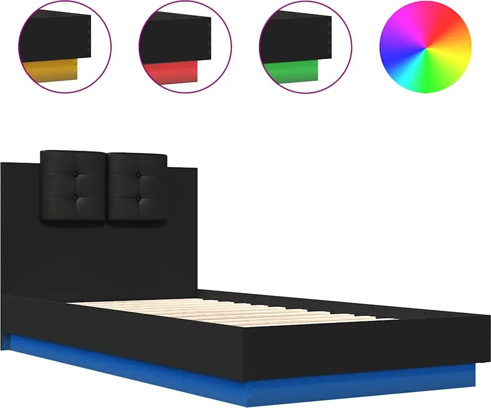 vidaXL fekete ágykeret fejtámlával és LED-világítással 75 x 190 cm
