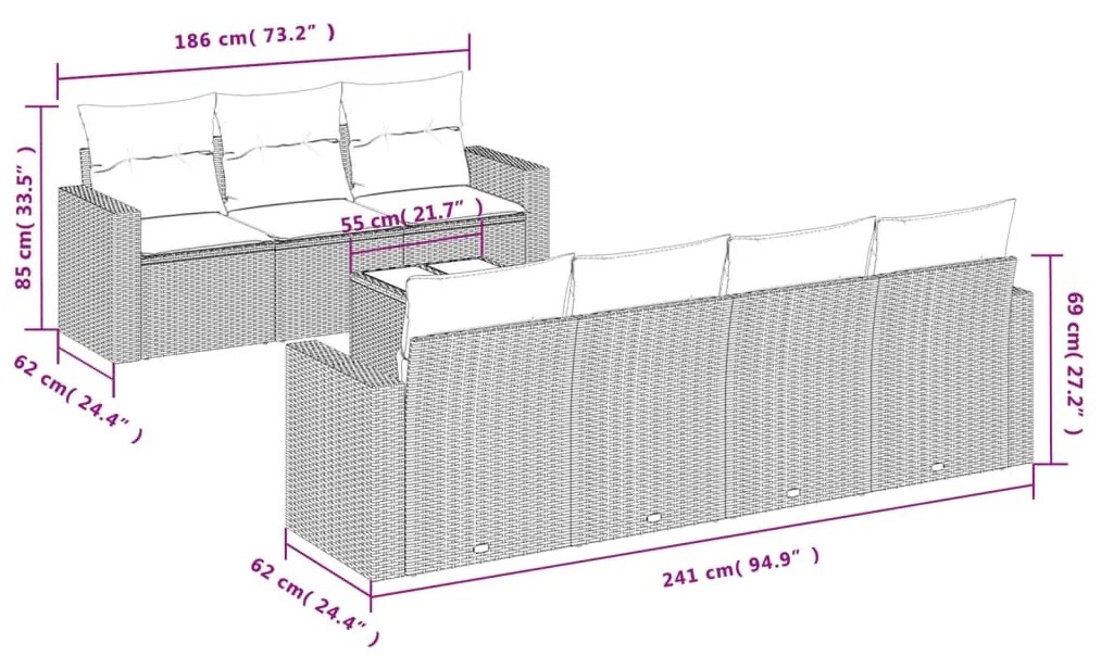 8 részes szürke polyrattan kerti ülőgarnitúra párnákkal