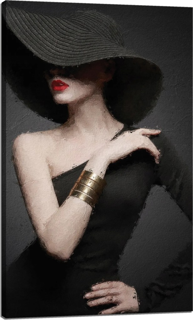Vászonkép Elegáns Nő Fekete Kalap Piros Száj 60x100 cm