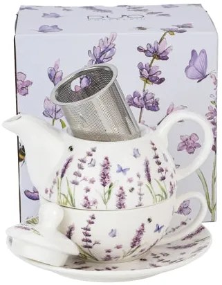 Levendulás porcelán egyszemélyes teáskészlet szűrővel díszdobozban