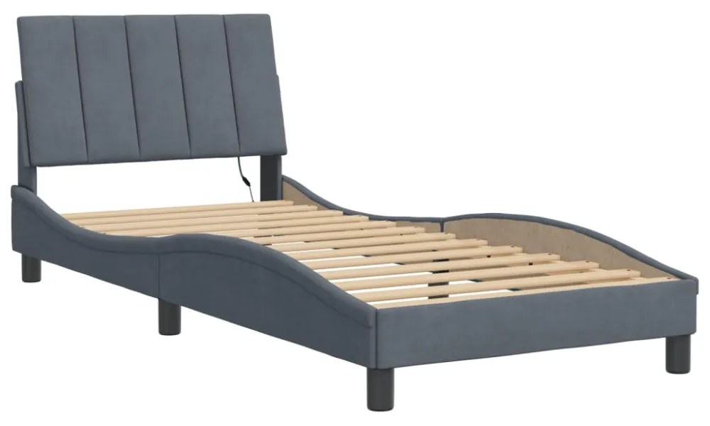 sötétszürke bársony ágykeret LED-ekkel matrac nélkül Hanko 80 x 200 cm