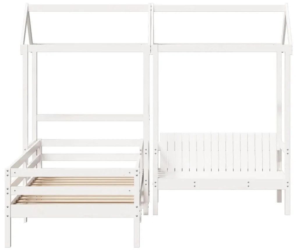 fehér tömör fenyőfa ágy és pad szett tetővel 80 x 200 cm
