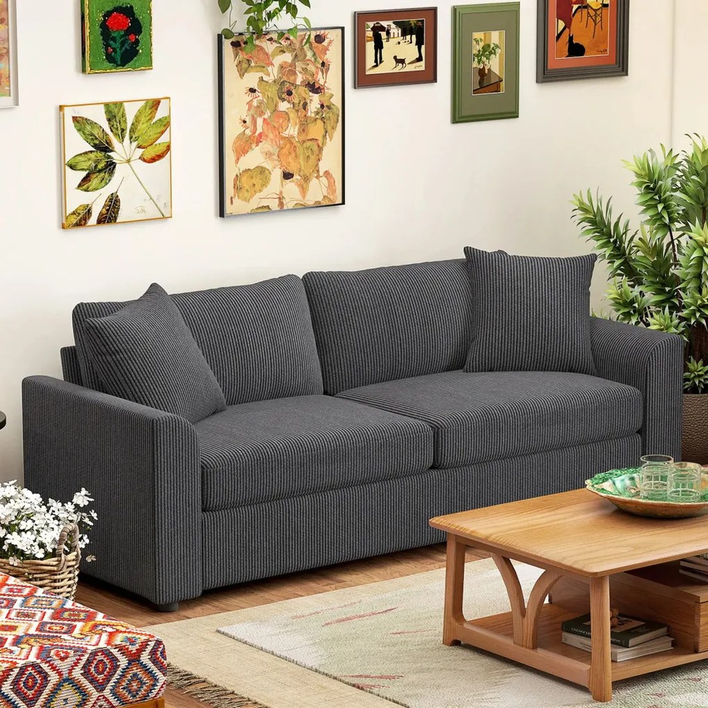 HOMCOM Kanapé, 3 személyes, díszpárnákkal, kordbársony kanapé, 212 x 80 x 88 cm, sötétszürke