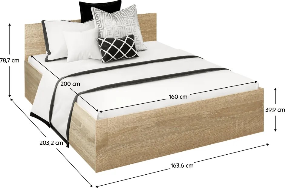 Ágy fém ráccsal és tárolóhellyel, 160x200, sonoma tölgy, DOLI