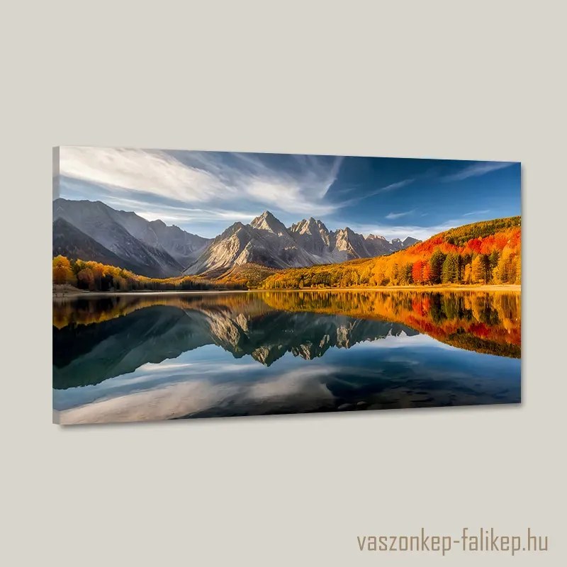 Hegyek tükörképe a tavon – Őszi prémium tájkép 60x34 cm