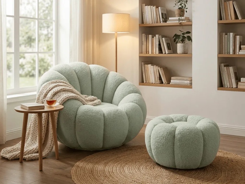 Forgatható design karosszék BLOOM lábtartóval, világoszöld