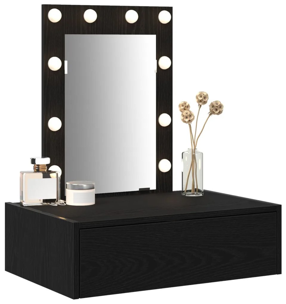 vidaXL Öltözködőasztal tükör lámpákkal Fekete 60 x 40 x 70 cm Faanyag