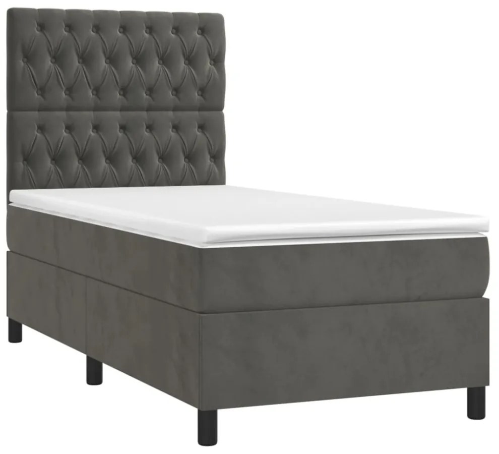sötétszürke bársony rugós és LED-es ágy matraccal 90x200 cm