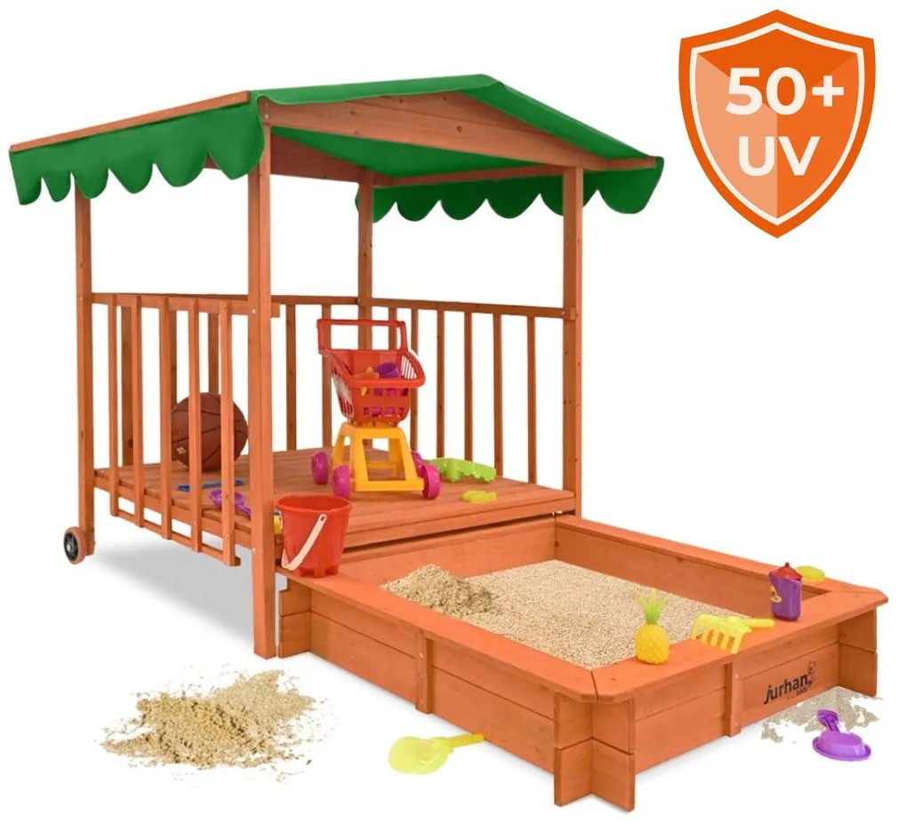 HAPPY verandás homokozó, 130x130x143cm, barna/zöld Jurhan