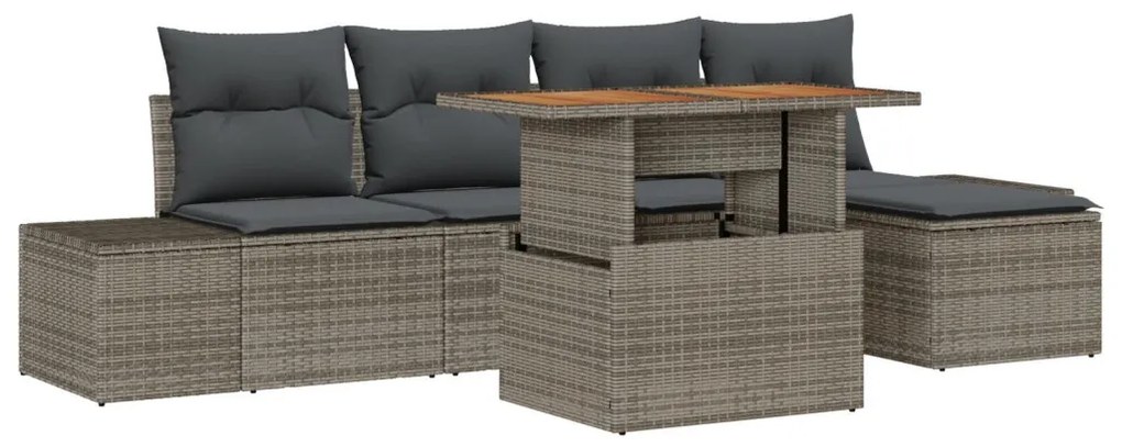 6 darabos kert étkező szett párnákkal szürke poly rattan akác