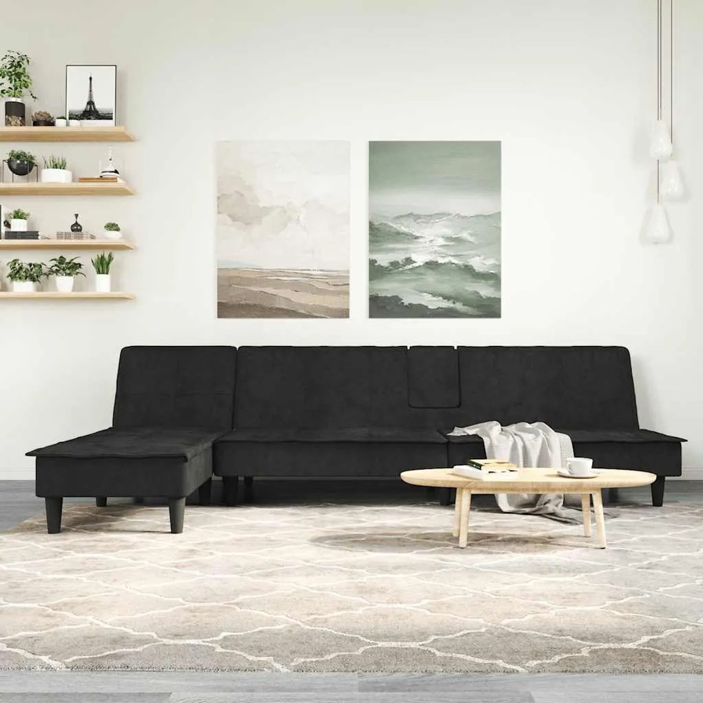 fekete L-alakú bársony kanapéágy 255x140x70 cm