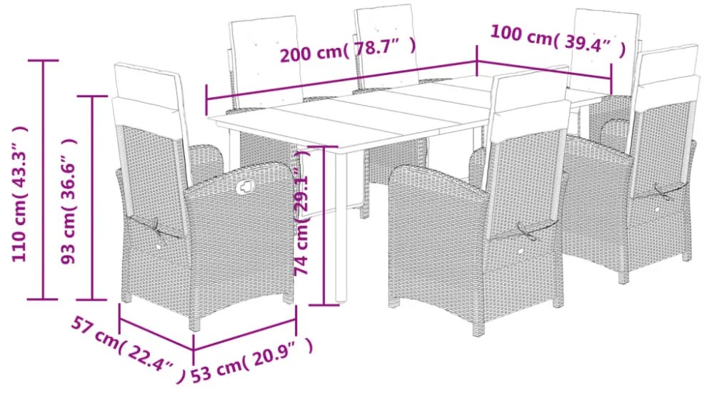 7 részes barna polyrattan kerti étkezőgarnitúra párnával
