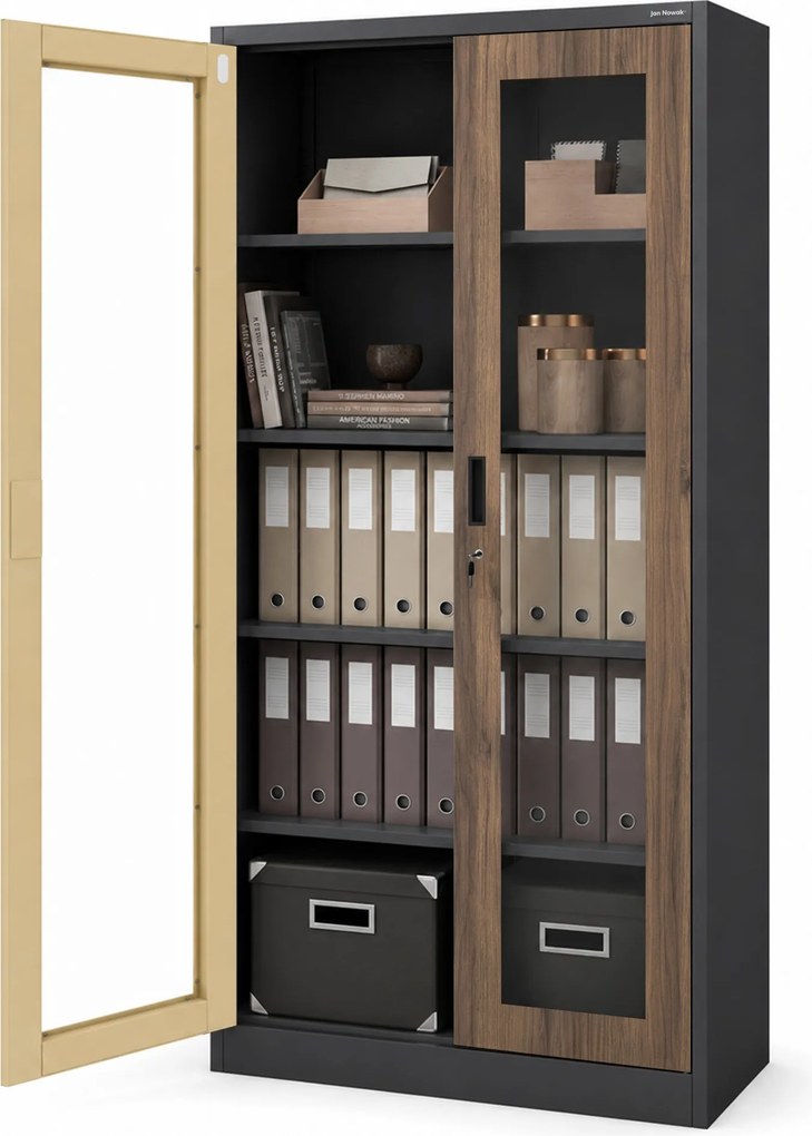 Fém szekrény vitrinnel antracit / dió: Eco Design AMELIA, 900 x 1850 x 400 mm