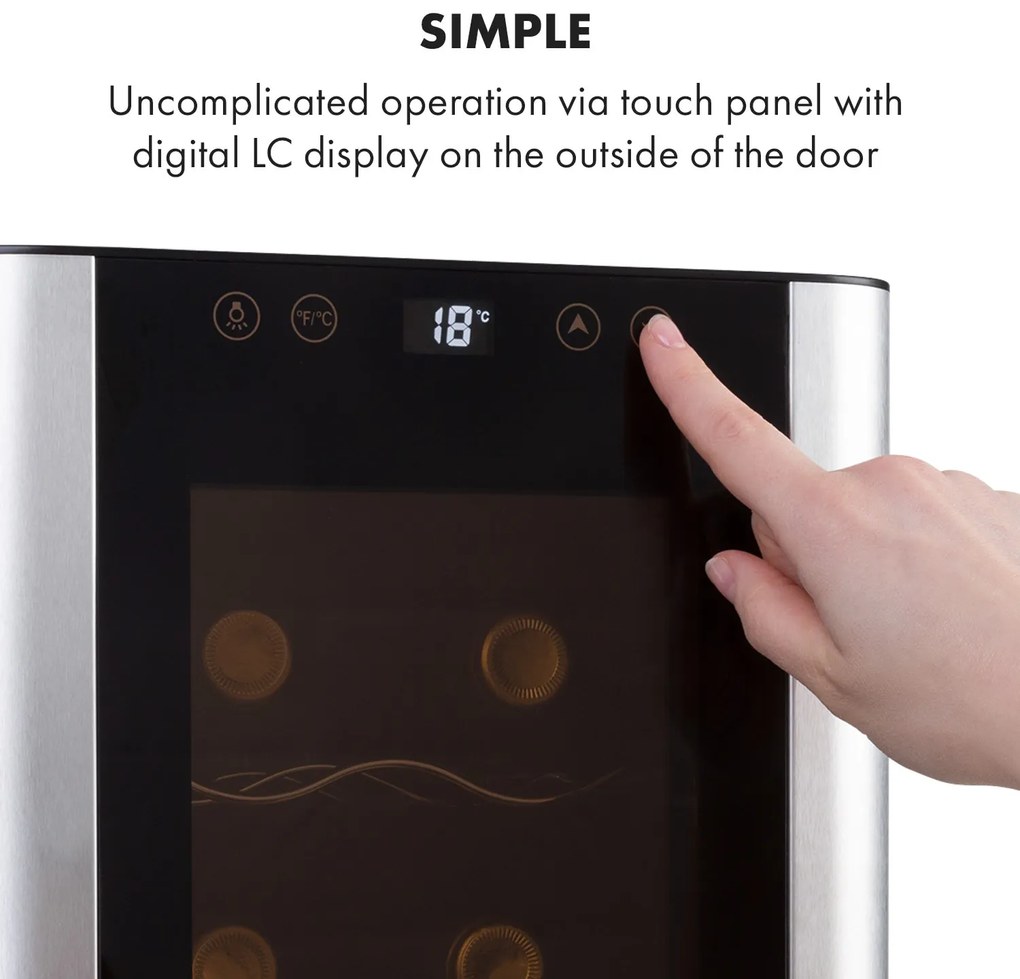 Klarstein Reserva 8 Slim Uno, borhűtő, 23 liter, 8 palack, 11-18 ° C, 26 dB, rozsdamentes acél