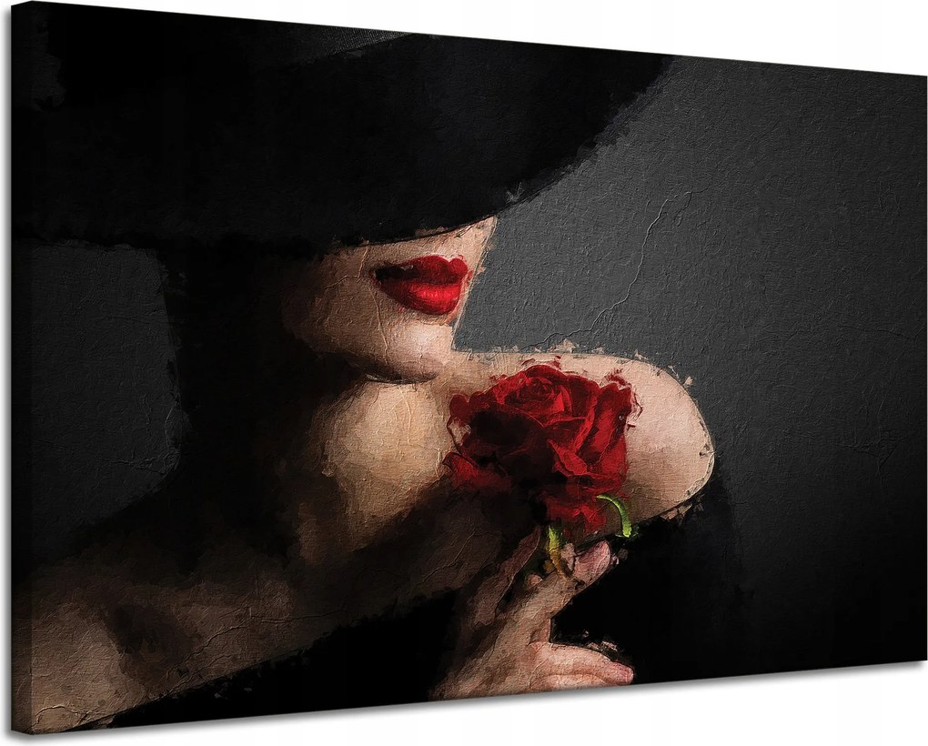 Vászonkép Nő vörös rózsával Piros ajkak Elegancia 120x80 cm