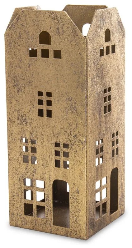 Patinás arany szín fém toronyház jellegű mécsestartó házikó ablakokkal 22x9x9cm