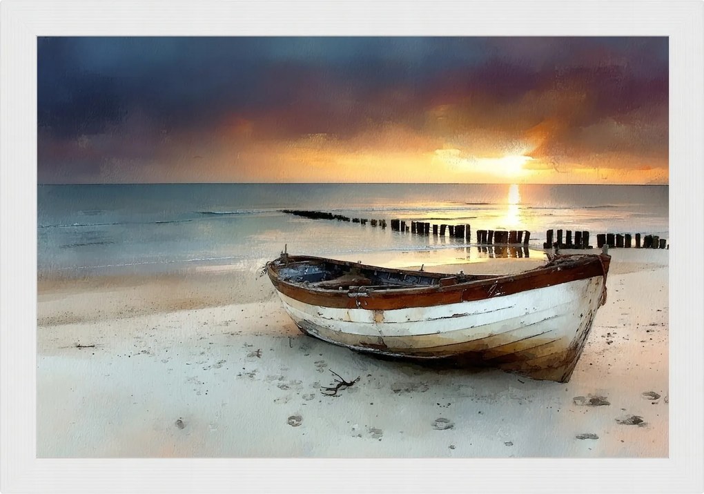 Poszter Keret Fa Csónak Tenger Naplemente Balti Tengerpart 60x40