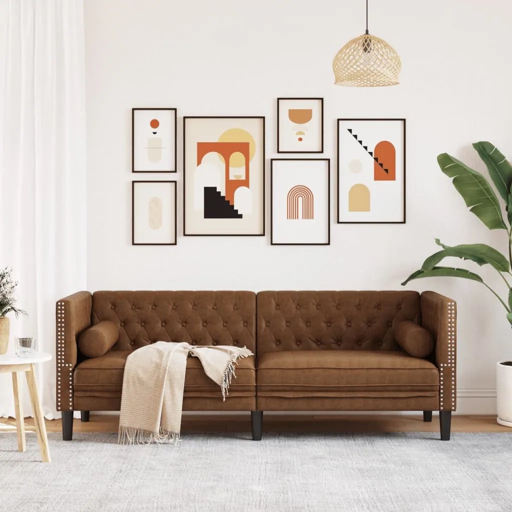 3 személyes barna műbőr Chesterfield kanapé hengerpárnákkal