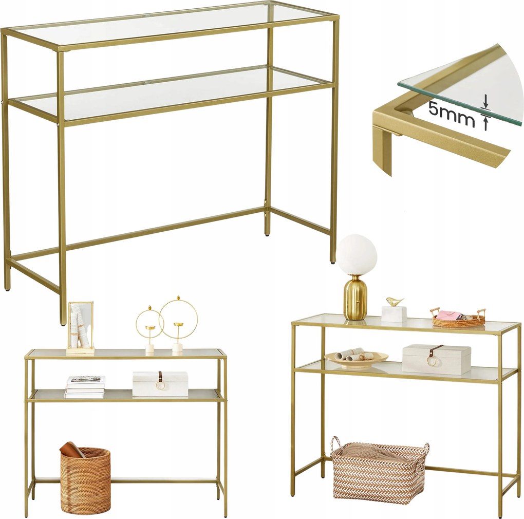 Oldalsó konzol asztal téglalap alakú edzett üveg 100x35x80cm 2 polc Arany