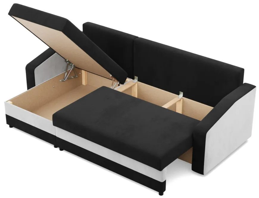 Hewlet sarokkanapé, 2 ágyneműtartóval, szövet anyag, univerzális oldal, bonell töltet, fekete - fehér