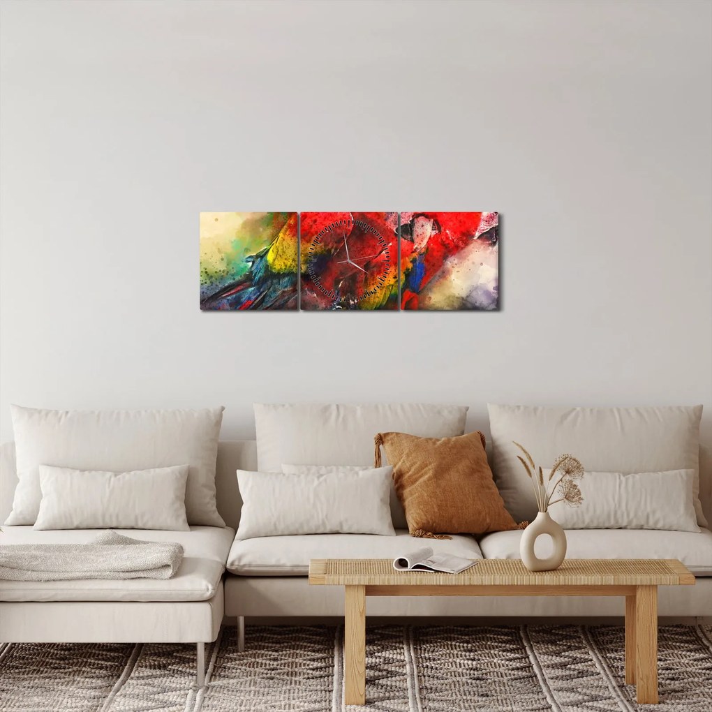 Vörös ara papagájok képe (órával) (90x30 cm)