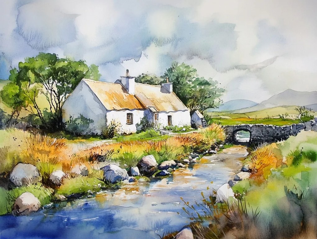 Vászonkép Canvas Tájkép Írország Falu Ház Híd Patak Kilátás 80x60