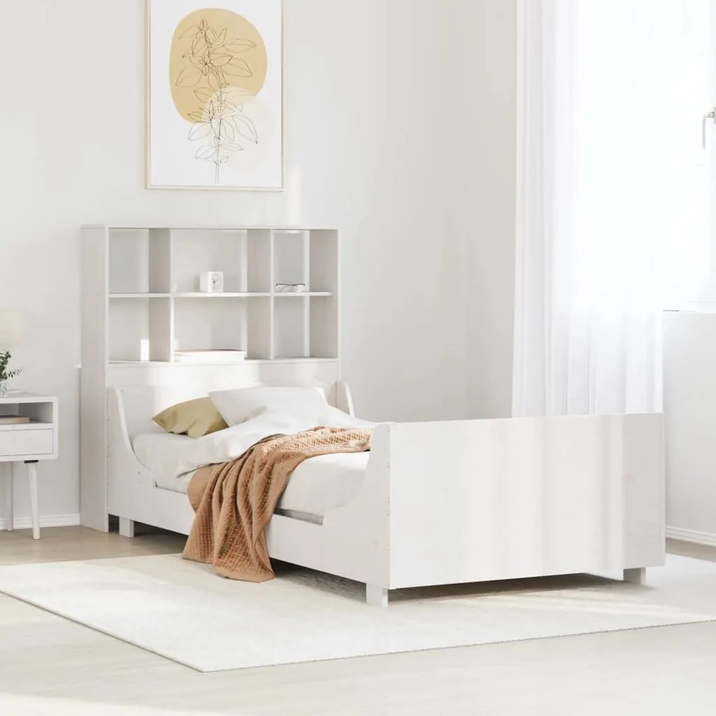 fehér tömör fa könyvespolcos ágy matrac nélkül 90 x 190 cm