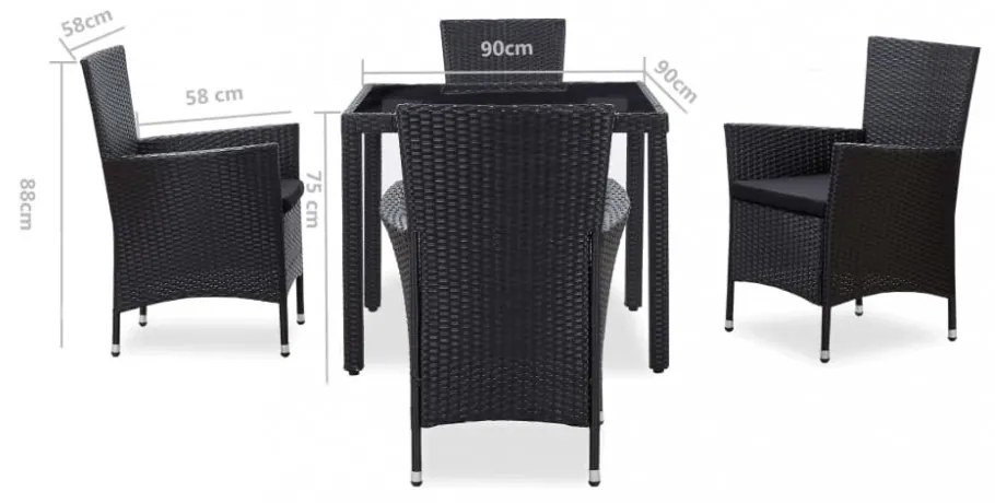 5-részes fekete kültéri polyrattan étkezőgarnitúra