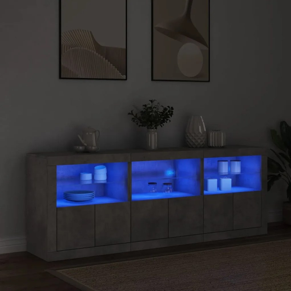 betonszürke tálalószekrény LED-világítással 181,5x37x67 cm