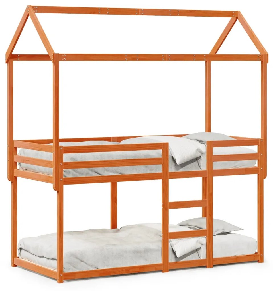 viaszbarna tömör fenyőfa ágy emelettel és tetővel 75 x 190 cm