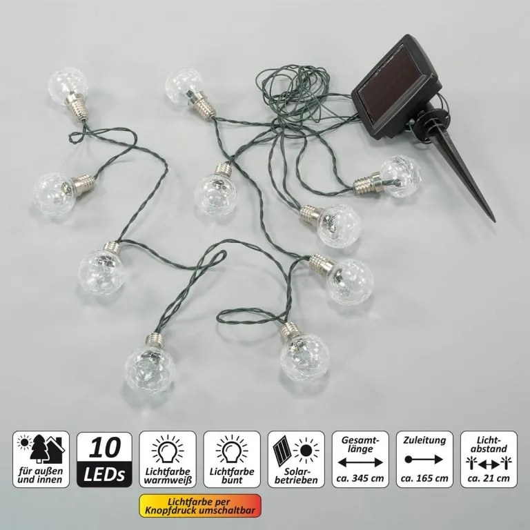 Garthen Napelemes fénylánc 10 LED 345 cm meleg fehér/ színes