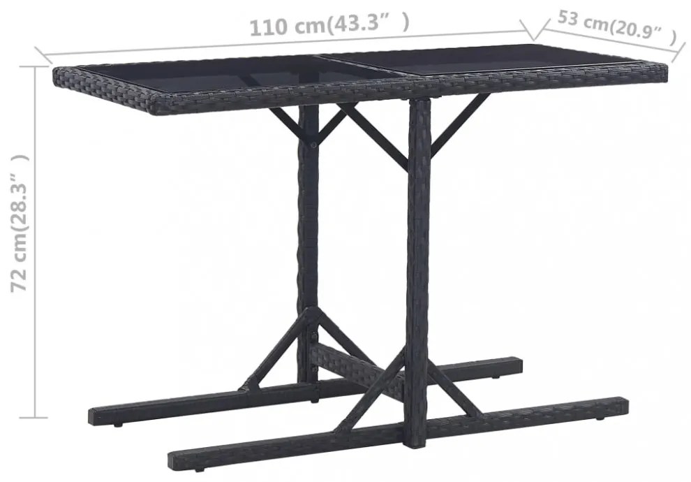 fekete polyrattan és üveglapos kerti asztal 110 x 53 x 72 cm