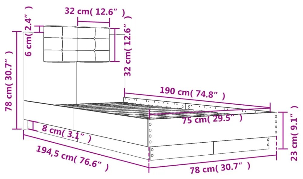 füstös tölgy színű szövet ágykeret fejtámlával 75x190 cm