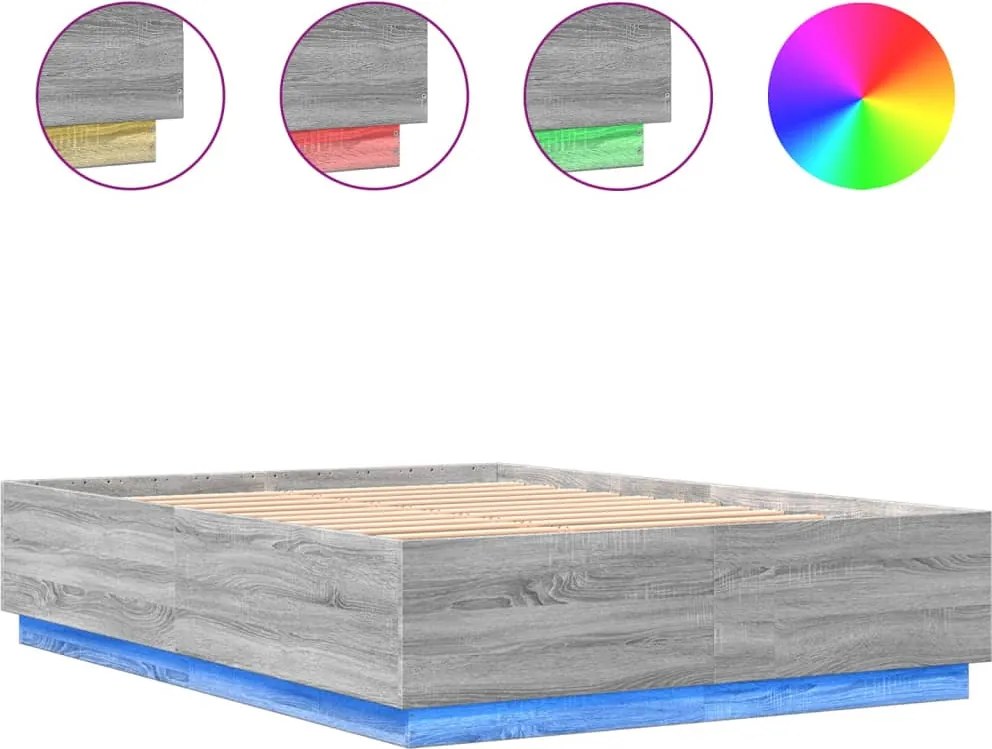 vidaXL szürke sonoma színű szerelt fa ágykeret LED-del 160 x 200 cm