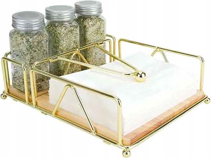 Fém asztali szalvétatartó fa alappal és tárolóval, arany