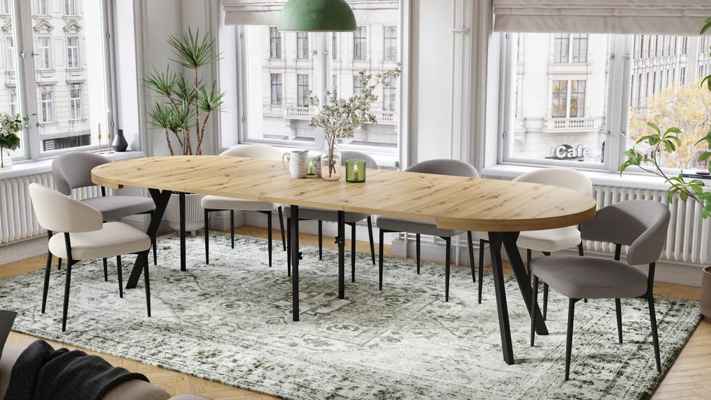 Mazzoni EXPANSO Artisan Tölgy/fekete lábak - LOFT/IPARI STÍLUSÚ 310 cm-re BŐVÍTHETŐ NAGY KEREK ASZTAL Ø110 Y LÁBAKKAL