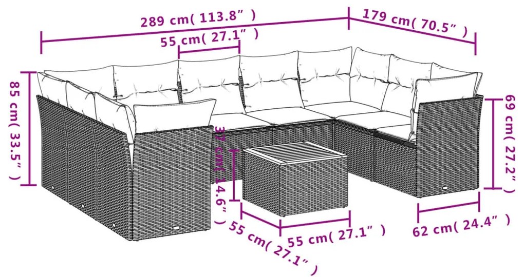 10 részes szürke polyrattan kerti ülőgarnitúra párnákkal